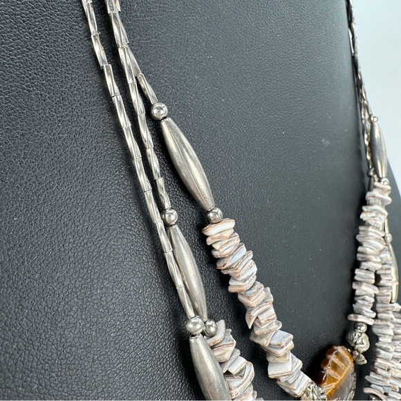 Natural Carved Tigers Eye Necklace Three Strands 925 Sterling Silver Clasp Boho - Picture 5 of 11